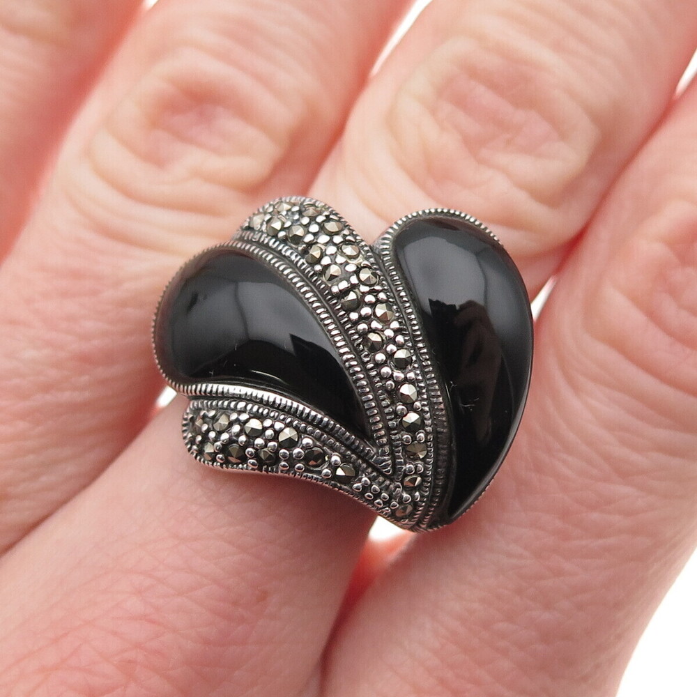 925 Sterling Silver Vintage Real Black Onyx & Marcasite Oxidized Ring Size 7.5